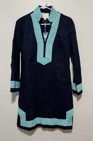 Sail to Sable NWT Linen Long Sleeve Tunic Dress in‎ Navy with Turquoise Trim XS thumbnail 1
