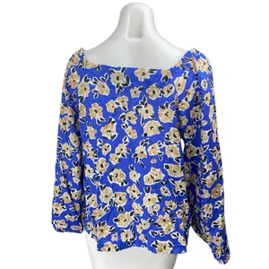 Ann Taylor Women's Blue Floral Long Puff Sleeve Square Neck Blouse Top Size L thumbnail 2