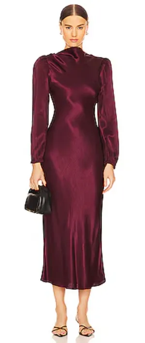 ASTR Wine Samara Satin Long-Sleeve Open Back Dress Wedding Cocktail Party M thumbnail 1