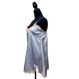Pastel Blue Satin Lace Chemise Nightgown Cream Floral Embroidery Ethereal Dress thumbnail 4