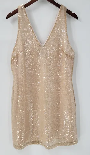 A New Day Womens Sequin Dress Medium Cream Sleeveless V Neck Mini‎ Holiday Party thumbnail 1