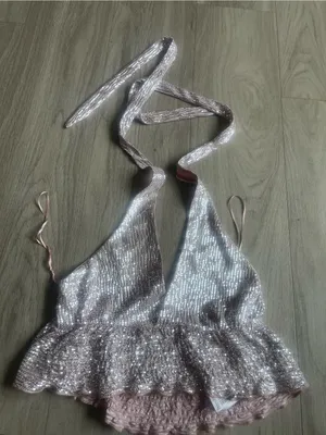 Bershka Silver Sequin Halter Crop Top thumbnail 1