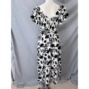 Umgee Maxi Dress Black White Floral Smocked Flutter Sleeve Tiered M thumbnail 2
