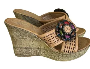 Patrizia Spring Step Tan Floral Jewel Accent Slide Platform Wedge Sandal 38/7.5 thumbnail 1