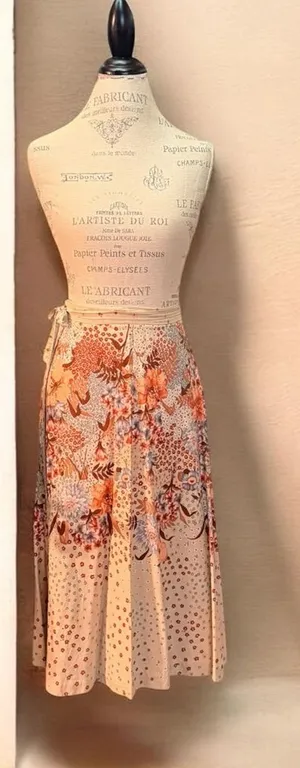 Orange, Brown, and Beige Floral Print A-Line Midi Wrap Skirt thumbnail 1