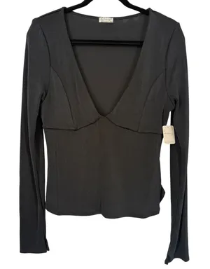 NWT Free People Intimately Black Long Sleeve Deep V-Neck Babydoll Top Size Large thumbnail 1