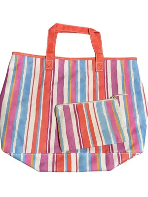 Estee Lauder Striped Tote Bag Matching Pouch Set Multicolor Coral Handles NWOT thumbnail 1