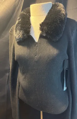 My Michelle Black Ribbed Quarter Zip Sweater Faux Fur Collar Womens Large NWT thumbnail 1