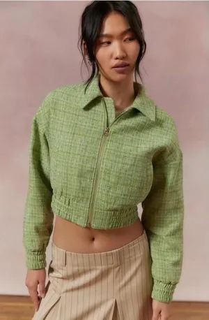 Green tweed kimchi blue crop bomber jacket thumbnail 1