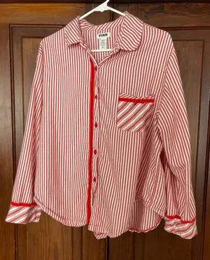PINK Victoria's Secret Red & White Striped Button-Up Pajama Top thumbnail 1
