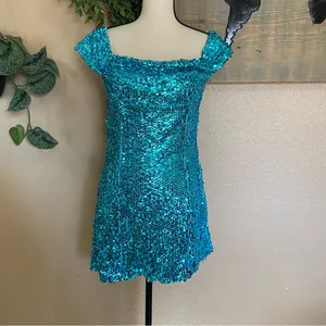 NWOT Lulus Glittering Nights Aqua Blue Sequin Off-the-Shoulder Mini Dress thumbnail 3