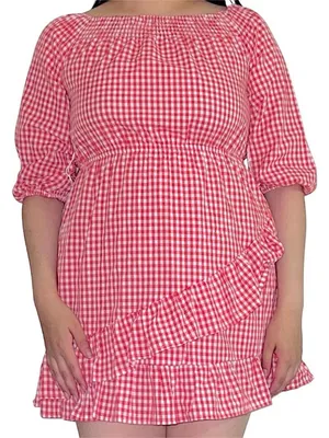 Red gingham mini dress. White thumbnail 1
