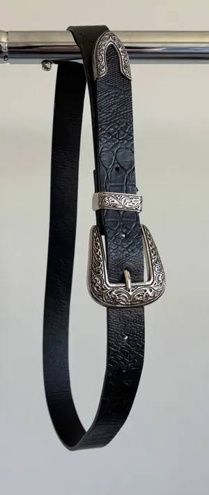 Western Black Faux Leather Belt Ornate Silver Buckle Soft Crocodile Texture thumbnail 1