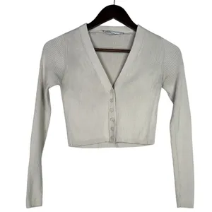 Zara Cropped V Neck Long Sleeve Fitted Ribbed Knit Button Down Sweater XS Beige thumbnail 10