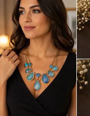 Flashy Blue Opalescent Statement Necklace Double Strand Gold Tone Bauble Collar thumbnail 1