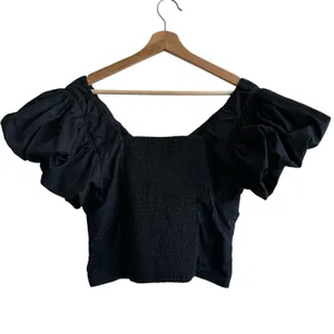 Abercrombie & Fitch Black Puff Sleeve Babydoll Top L Cropped Smocked Coquette thumbnail 3