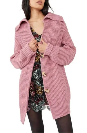 Free People Swim Too Deep Cardigan Smoked Pink Knit Seater Oversized Small Rose thumbnail 1