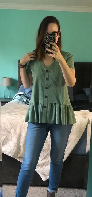 Sage Green Peplum Button‎ Down V-Neck Short Sleeve Top Blouse Womens thumbnail 1