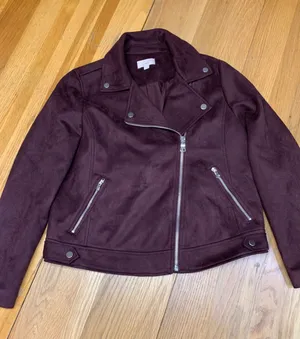 LOFT‎ Womens Burgundy Faux Suede Moto Jacket Wine Biker Coat Fall Size Medium thumbnail 1