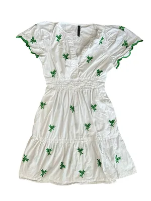 Anthropologie Women’s Somerset White Green Embroidered Cap Sleeve Mini Dress S thumbnail 2