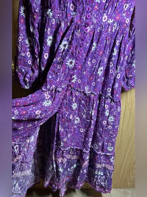Handmade Purple Bohemian Size M Floral Button-Up Tiered Long Sleeve Maxi Dress thumbnail 2