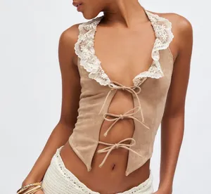Ecote Brown suede and lace top thumbnail 1