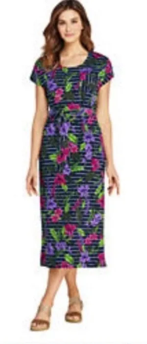 Lands' End‎ Navy Floral Striped Dolman Sleeve Belted Cotton Midi Dress Size L thumbnail 1
