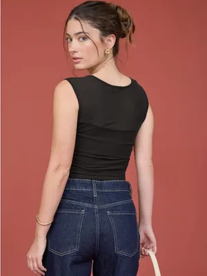 MESH SQUARE NECK RUCHED KNIT CROP TOP Black Size Medium thumbnail 3