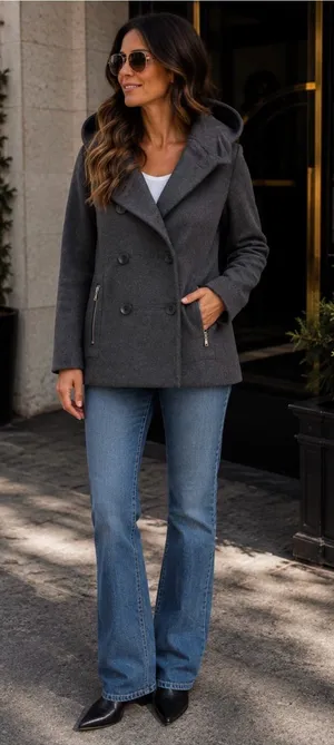 New York & Company Wool Blend Dark Gray Hooded Double-Breasted Pea Coat thumbnail 1