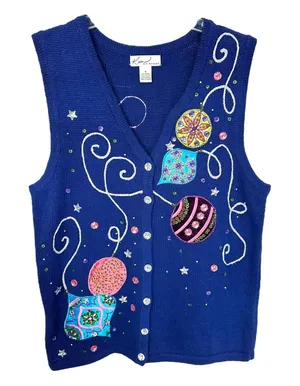 Kim Rogers Small Christmas Vest Holiday Ornament‎ Royal Blue Sweater Ugly 1707 thumbnail 1