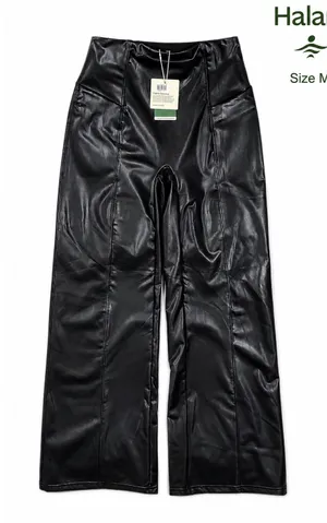 Halara Faux Leather Wide Leg Pants Womens Medium Black High Rise Pockets NWT thumbnail 1