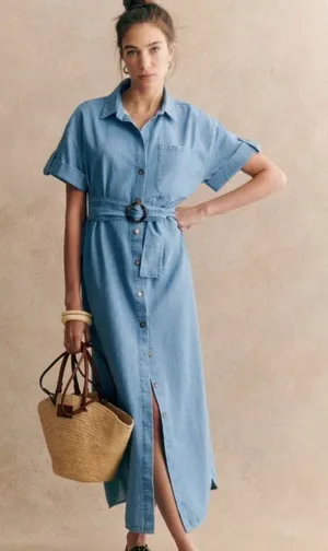 NWT Sezane Dora in Light Blue Chambray Belted Long Shirt Dress 42 / US 10 thumbnail 1