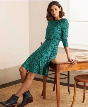 Boden Women's Size 4 Nellie Polka Dot Green Blue Long Sleeve Jersey Dress thumbnail 1