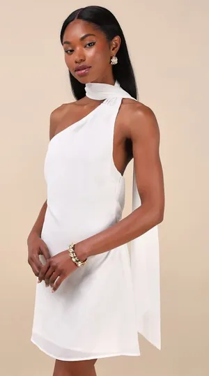 Lulus Isloda Ivory One-Shoulder Backless Sash Mini Dress with Scarf Small NWT thumbnail 1