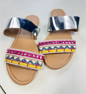 Sole Mates Womens Silver Flat‎ Slide Sandals with Colorful Embroidery Size 7 thumbnail 1