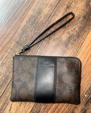 Coach Brown and Black Signature Canvas Wristlet with Leather Stripe thumbnail 1