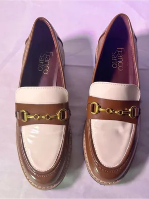 Franco Sarto Brown and Cream Leather Two-Tone Loafer with Gold Chain thumbnail 4