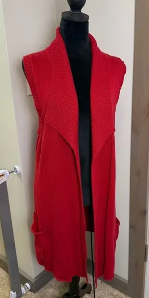 Coldwater Creek Red Sleeveless Long Red Knit Cardigan Cashmere Blend Holiday M thumbnail 1