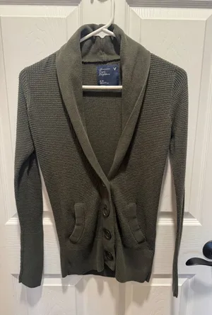 American‎ Eagle Y2K Olive Green Shawl Collar Button Cardigan Sweater Medium thumbnail 1