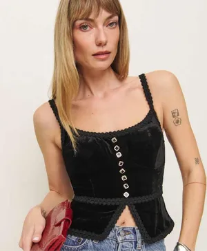 NWT Reformation Minna Velvet Top Black Size 0 thumbnail 1