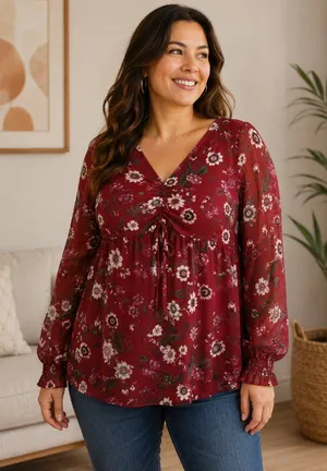 Aeropostale L Red Floral Blouse Ruched Tie Front Long Sleeve Boho Peasant Top thumbnail 1