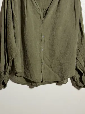 LOFT‎ Women Olive Green Button-Front Balloon Sleeve Blouse Flowy Ruffle size M thumbnail 5