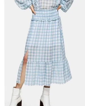 NWT Topshop Light Blue Gingham Check Midi Skirt Size 8 thumbnail 6