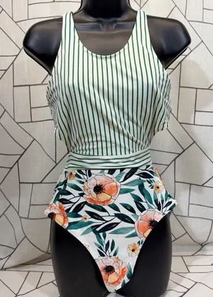 Cupshe One Piece Swimsuit‎ Large Green White Striped Floral Wrap Tie Cutout thumbnail 1
