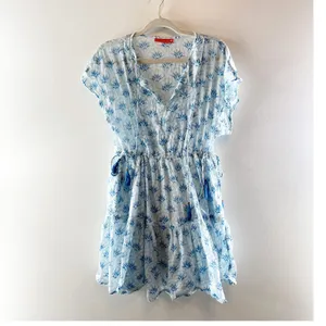 Oliphant Tuckernuck Cotton Printed Short Sleeve Cinch Waist Mini Dress Blue Med thumbnail 2
