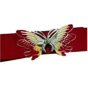 Vintage 80s Gold Tone Butterfly Buckle Red Elastic Stretch Belt thumbnail 2