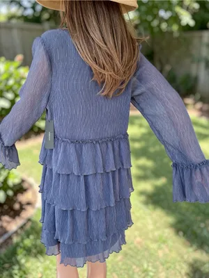 Lulus NWT Dusty Blue Tiered Chiffon Mini Dress Sheer Bell Sleeve M thumbnail 5