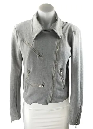 Olivaceous Women's Gray Faux Suede Collar Asymmetric Zip Up Moto Coat Jacket M thumbnail 1