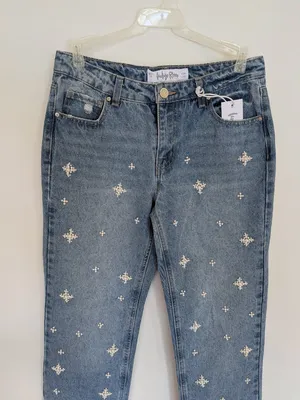 NWT Pearl Beaded Star Embellished Straight Leg Denim Jeans Sz 9 Medium Wash thumbnail 4