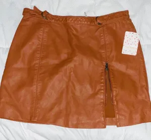 Free People Mini Skirt Leather Faux Caramel 10 thumbnail 1